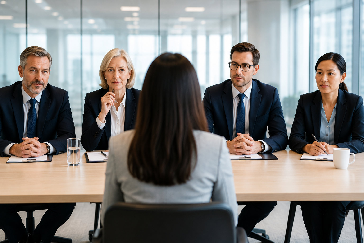 Candidate facing a four-person executive interview panel