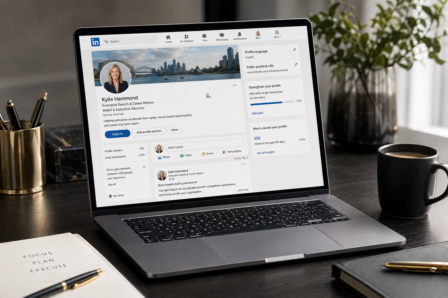 Kylie Hammond LinkedIn profile on a laptop in an executive workspace