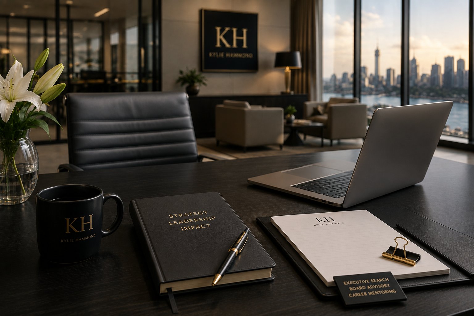 Kylie Hammond executive office with strategy notebook, laptop and city view