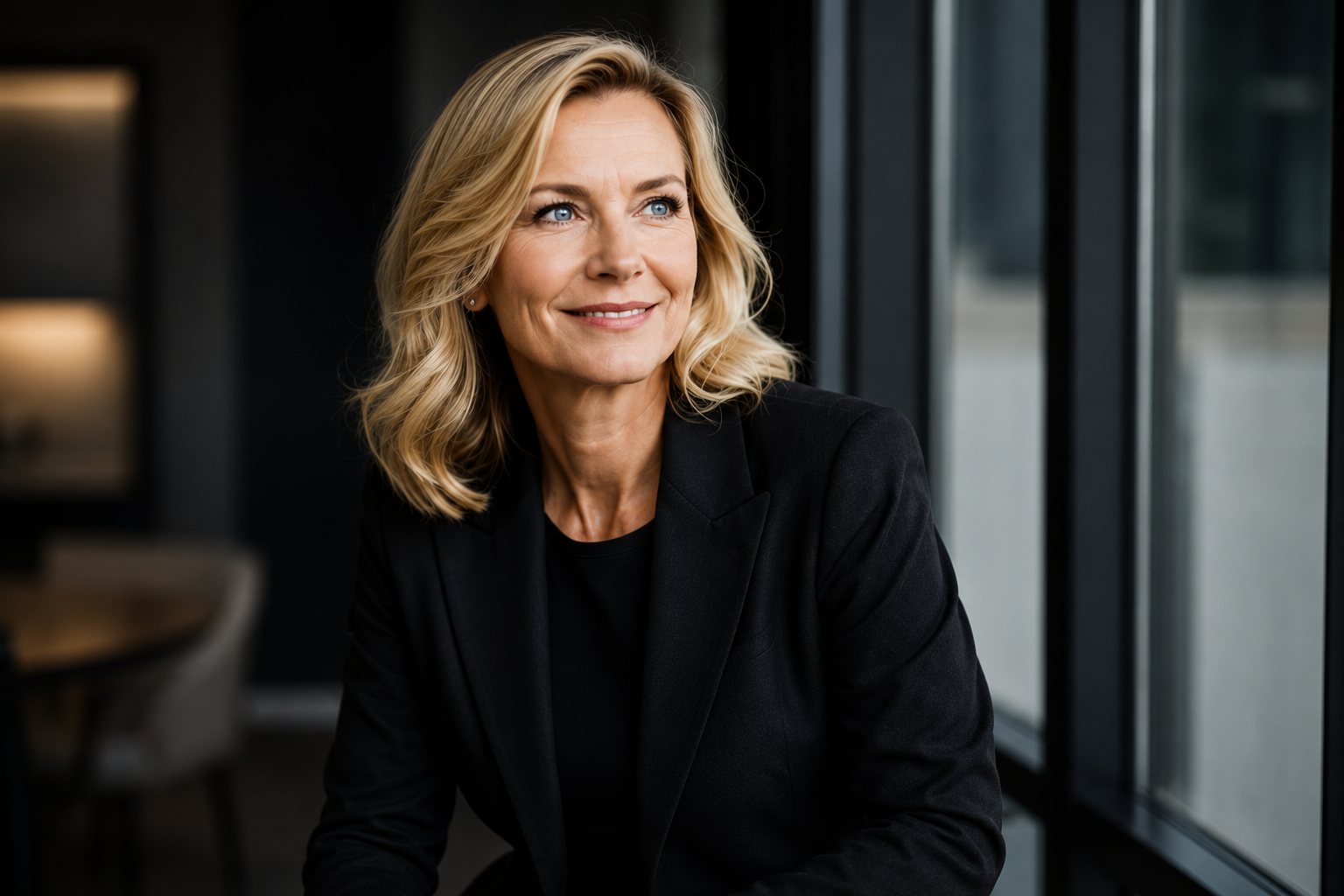 Senior female non-executive director in a black blazer in a corporate office
