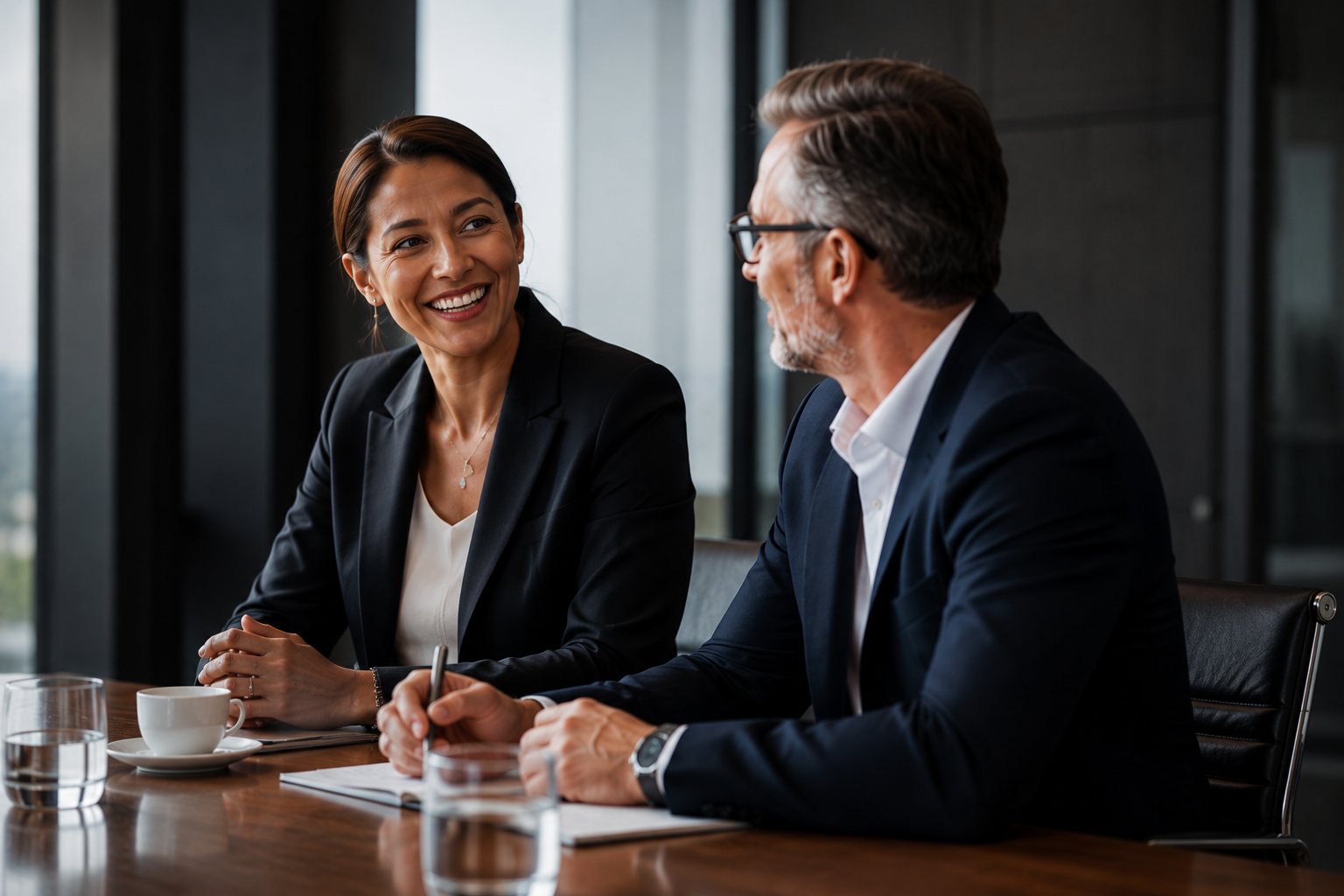 Two directors in conversation at a boardroom table