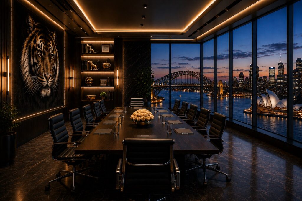 Executive boardroom setting at night