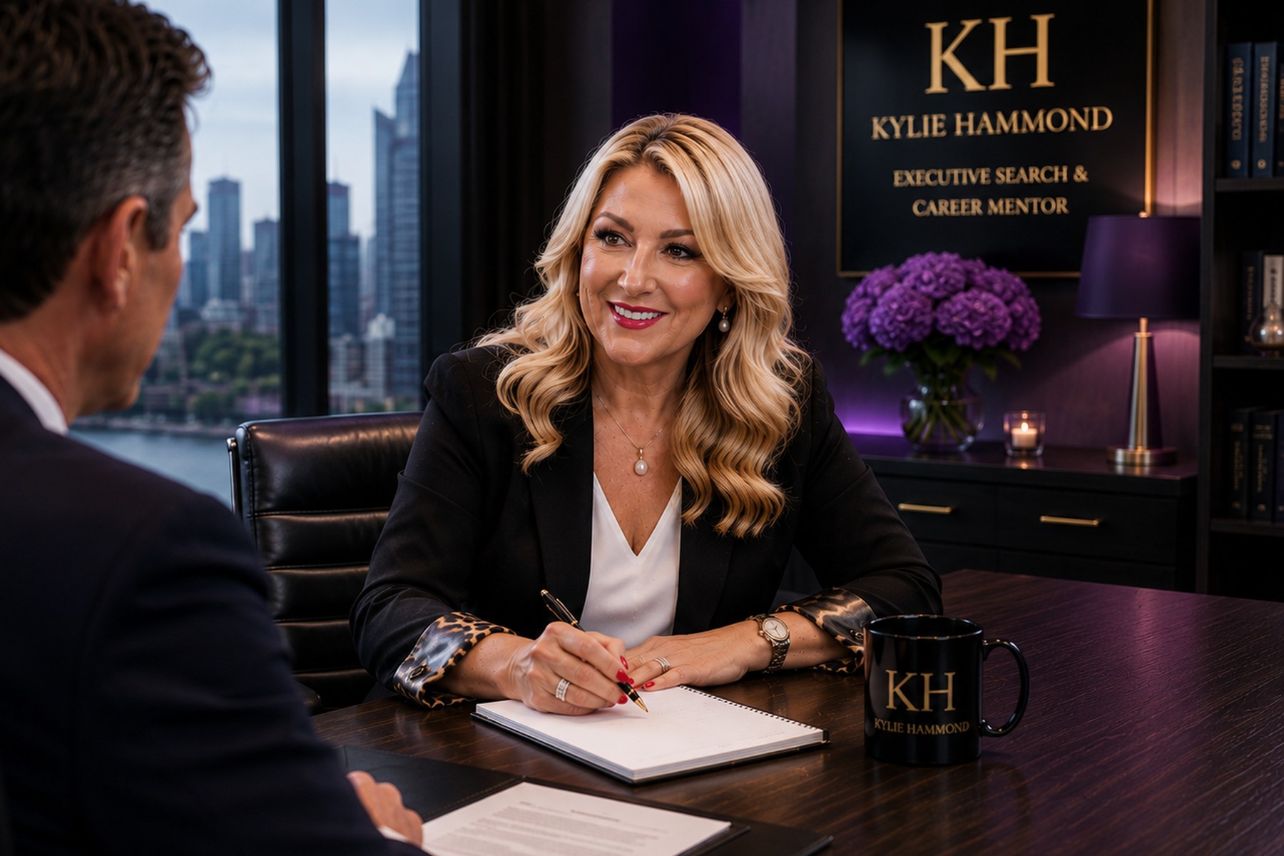 Kylie Hammond mentoring at desk with KH branding