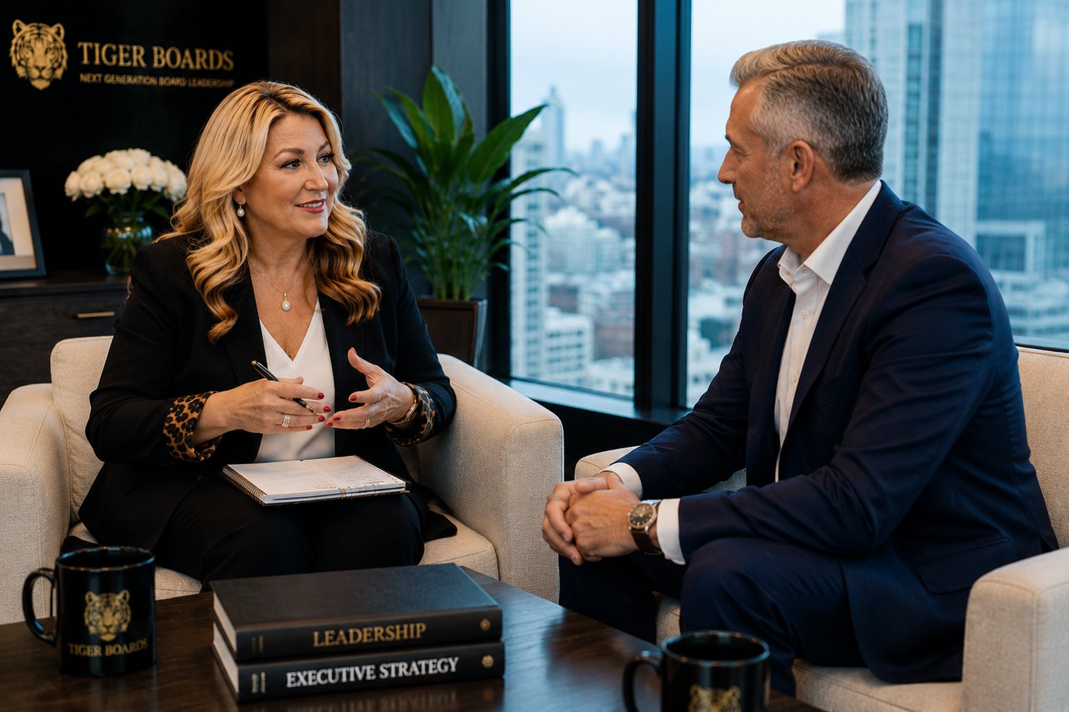 Confidential one-to-one mentoring conversation between Kylie Hammond and a senior executive