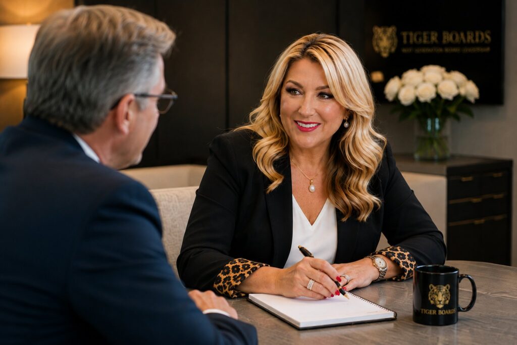 Over-the-shoulder view of a confidential executive career mentoring conversation with Kylie Hammond