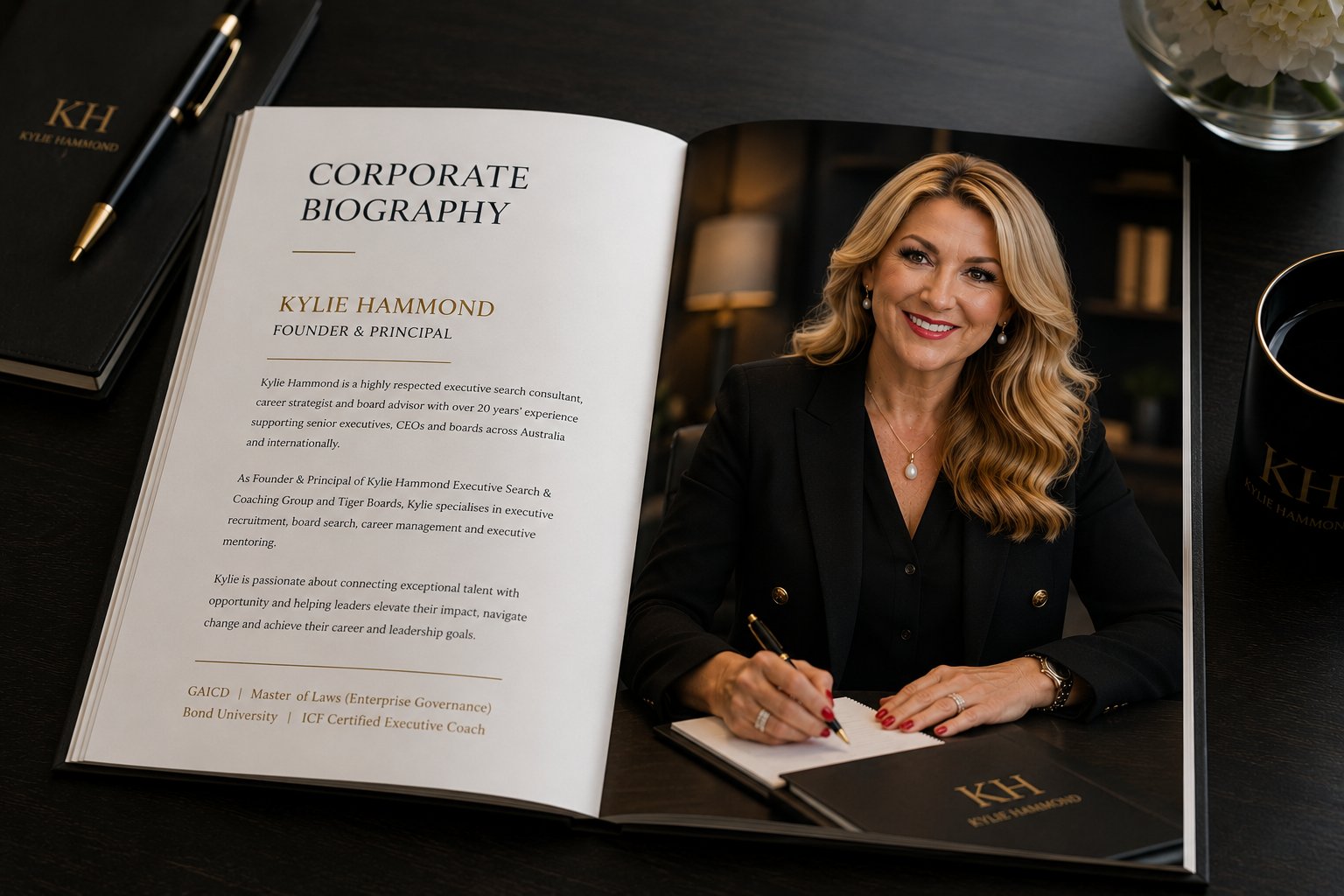 Corporate biography spread for Kylie Hammond with portrait and credentials