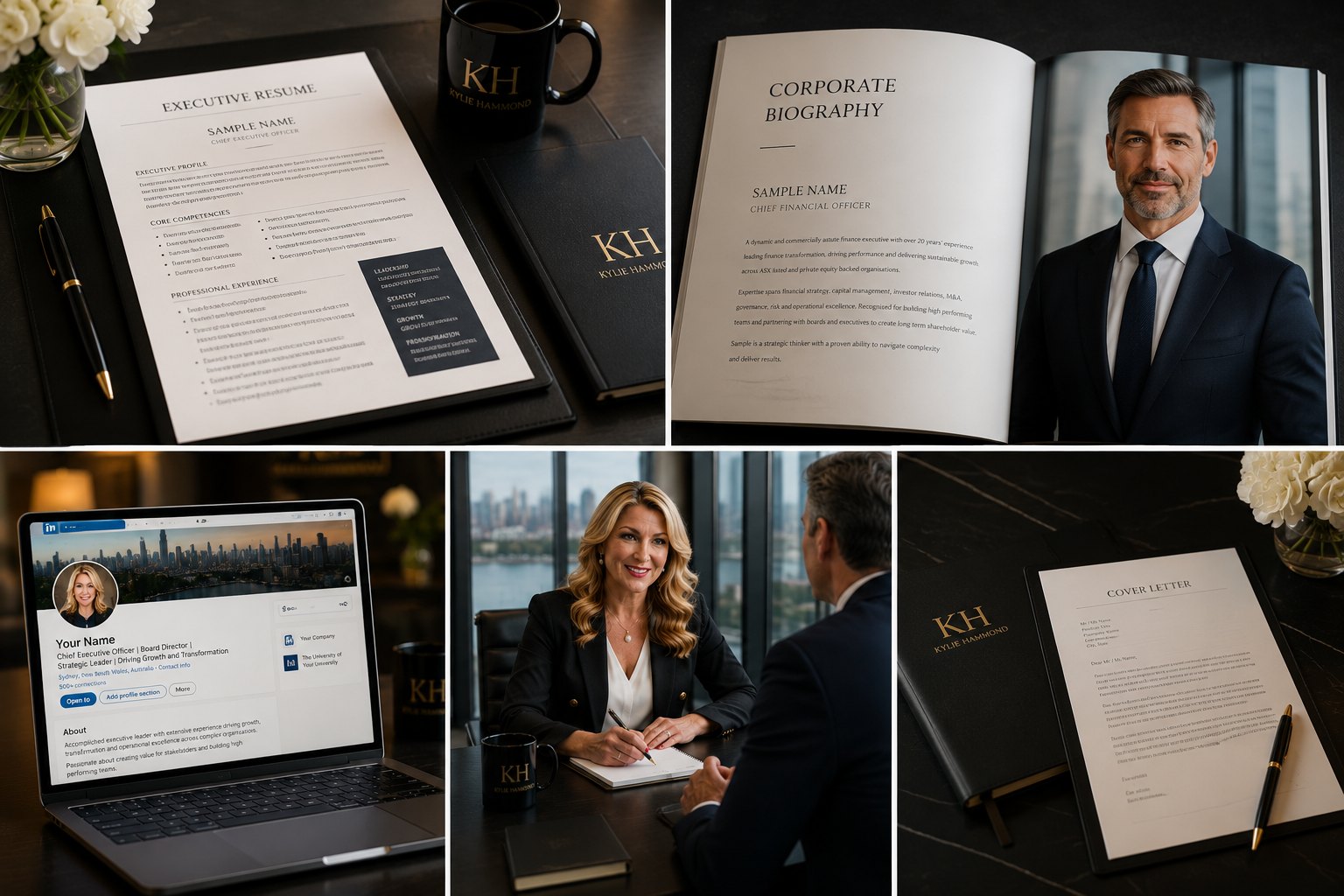 Executive r&eacute;sum&eacute;, corporate biography, LinkedIn, consultation and cover letter as one career documentation set