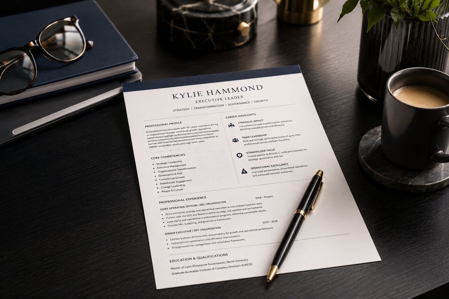 Executive r&eacute;sum&eacute; on a desk with pen, notebook and coffee