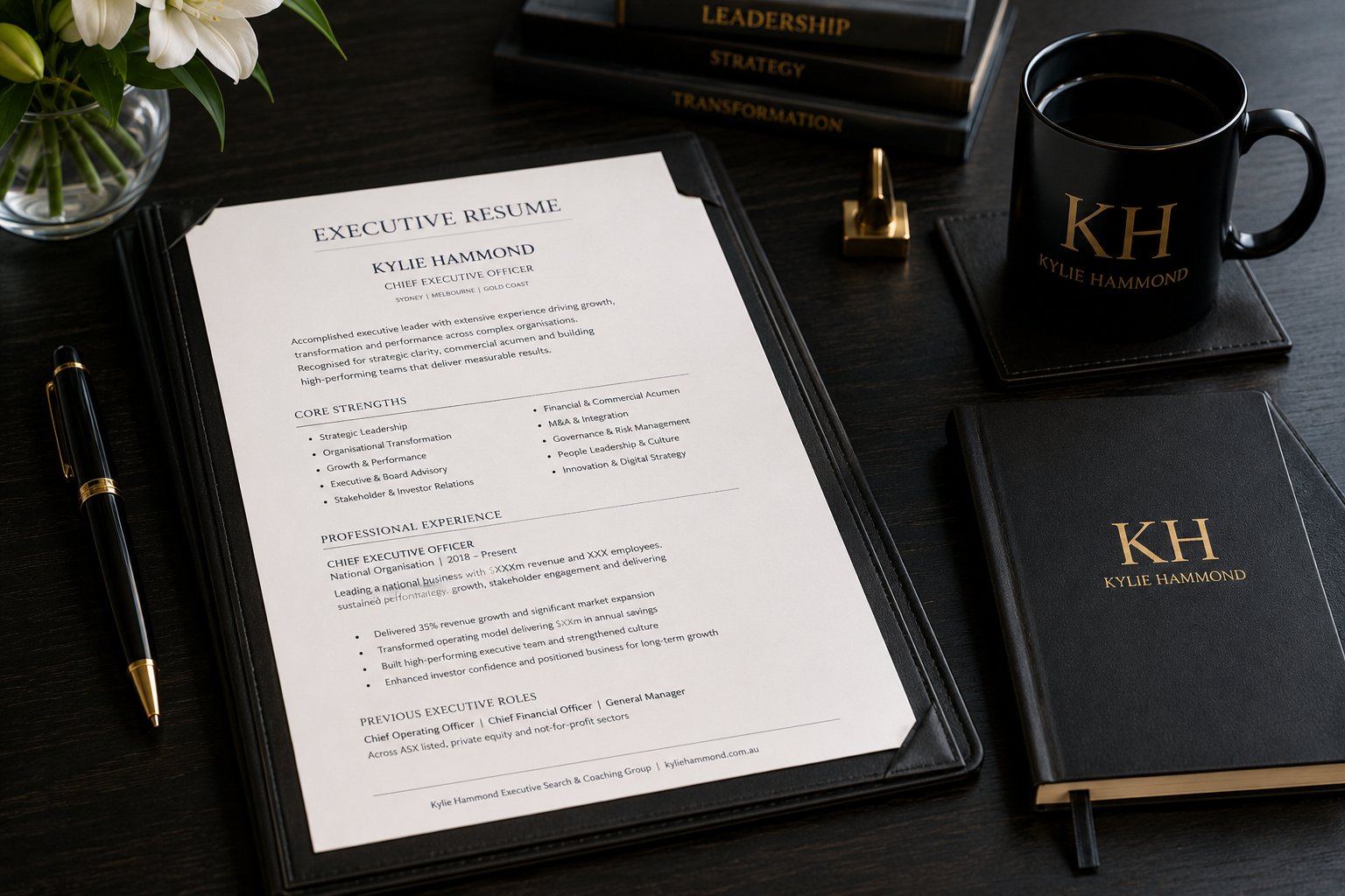 Executive resume presented in a black leather portfolio with Kylie Hammond branding