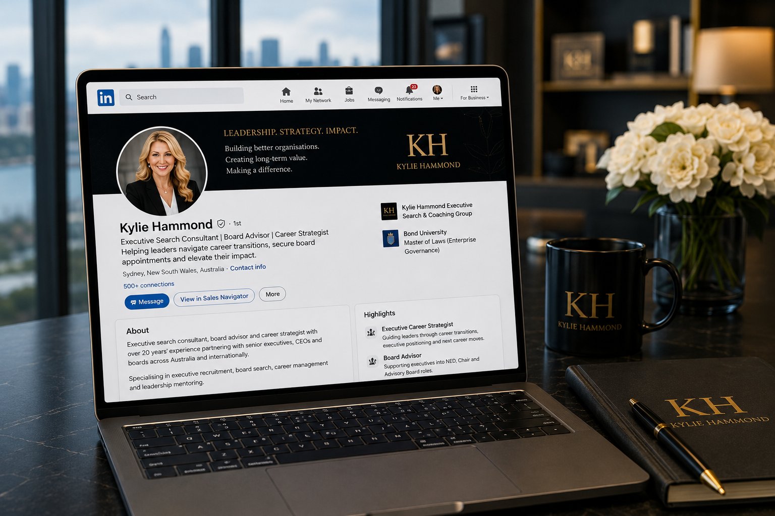 Laptop showing a LinkedIn profile with the banner Leadership. Strategy. Impact., beside Kylie Hammond notebook and mug