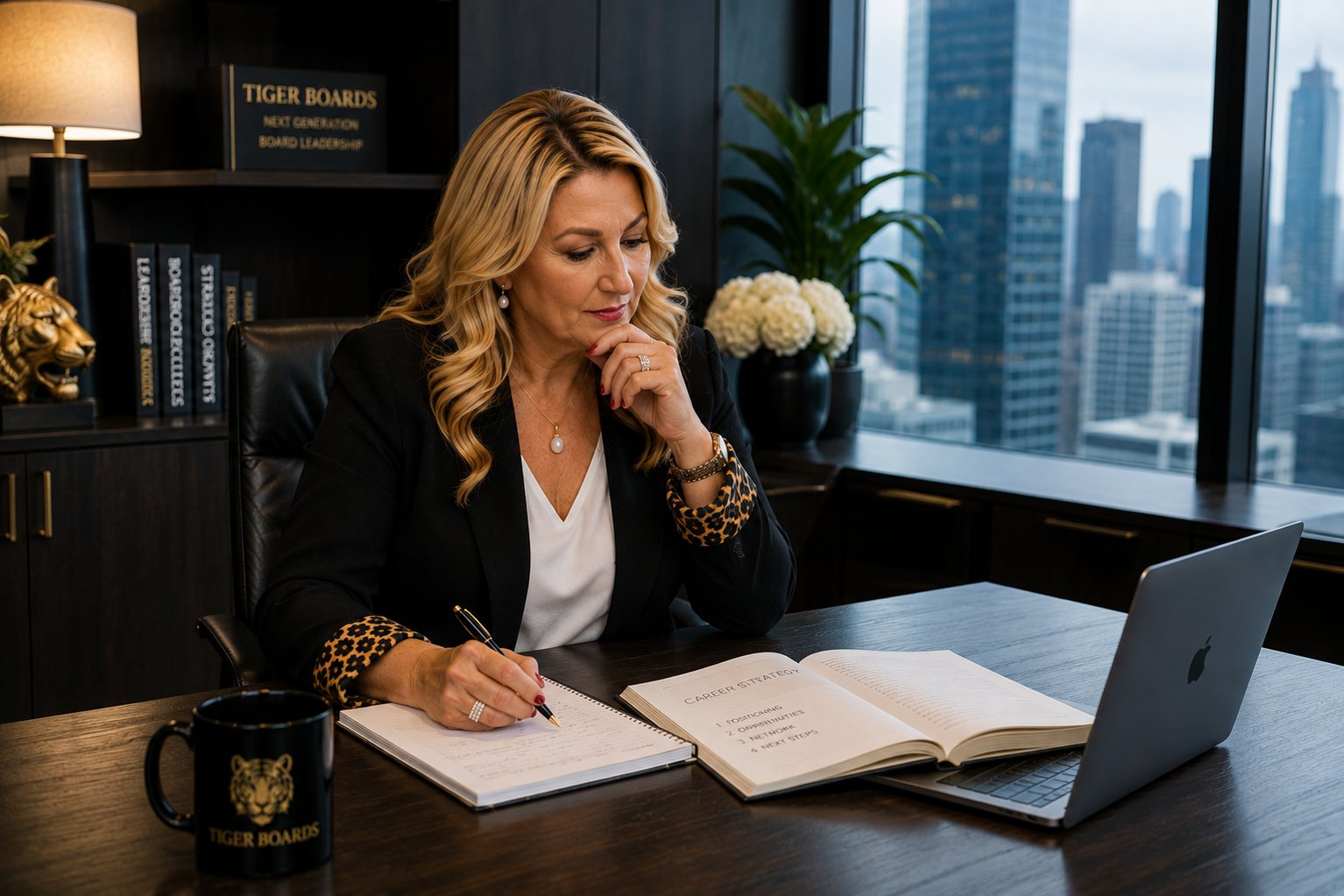 Kylie Hammond at her desk with an open Career Strategy book, working through positioning, opportunities and next steps